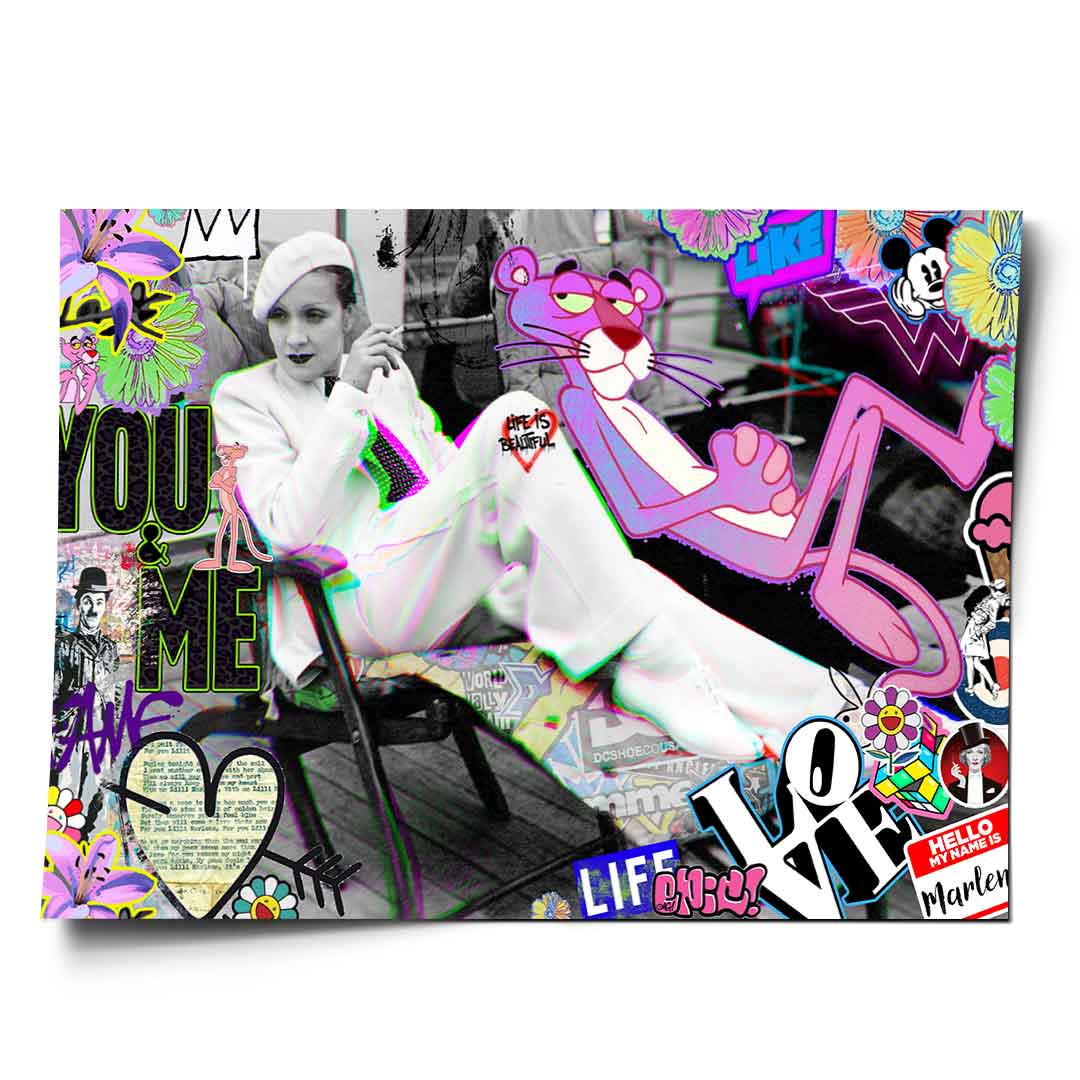 Monochrome portrait of Marlene Dietrich with a neon glitch overlay amid a bold street-art collage.