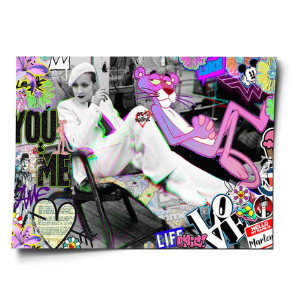 Monochrome portrait of Marlene Dietrich with a neon glitch overlay amid a bold street-art collage.