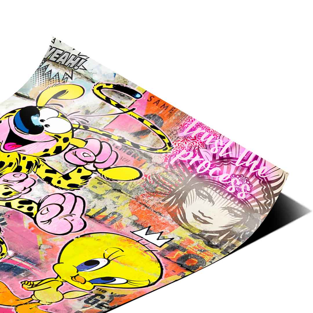 Graffiti-inspired wall poster with street-art textures and classic cartoon characters.
