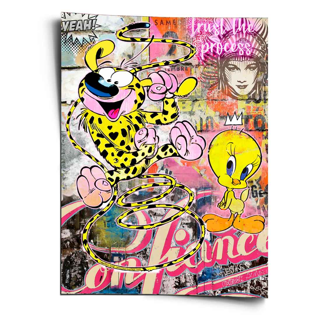 Marsu & Tweety poster featuring Marsupilami and Tweety in bold yellow and black against graffiti-style background.