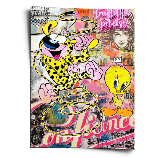 Marsu & Tweety poster featuring Marsupilami and Tweety in bold yellow and black against graffiti-style background.