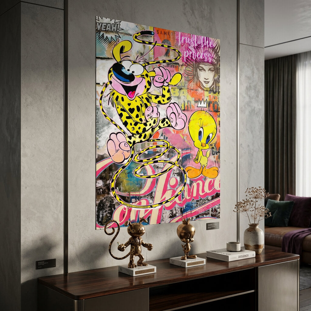 Close-up of Marsupilami and Tweety in a dynamic Pop Art pose amid urban textures.