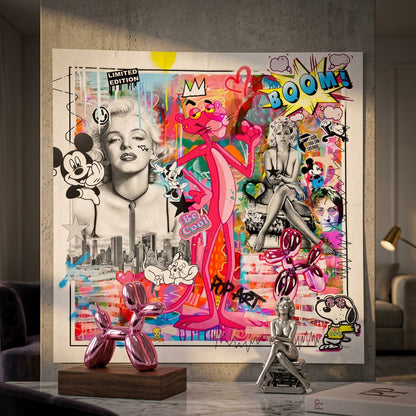 Pop art collage with Mickey Mouse and Snoopy integrated into a colorful urban street art style