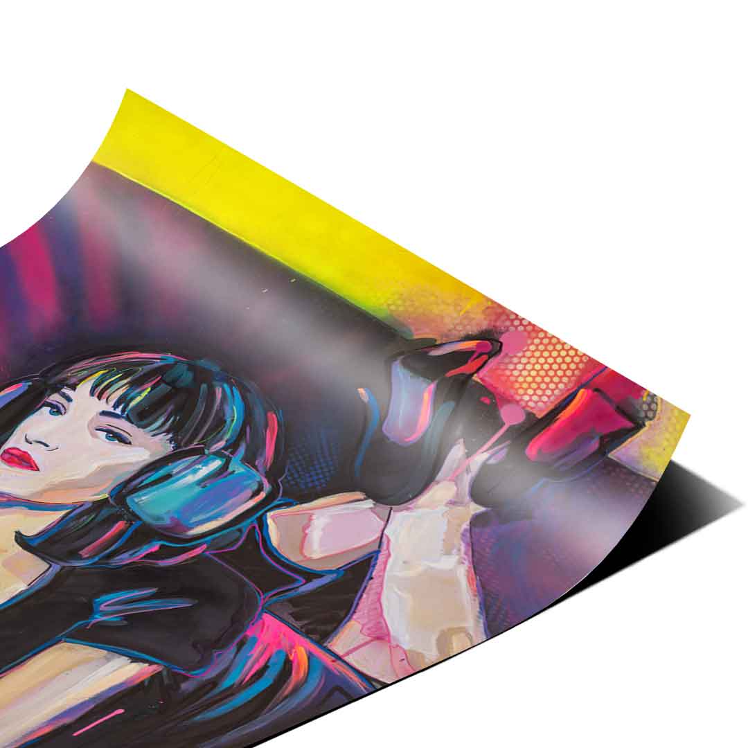 Graphic-outlined, painterly wall art with saturated purples, pinks, blues and greens.