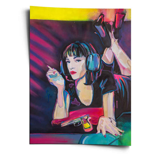 Mia Wallace as a DJ depicted in bold pop art: dark bangs, headphones, red lips, cigarette, and a colorful pistol against purple and neon greens.