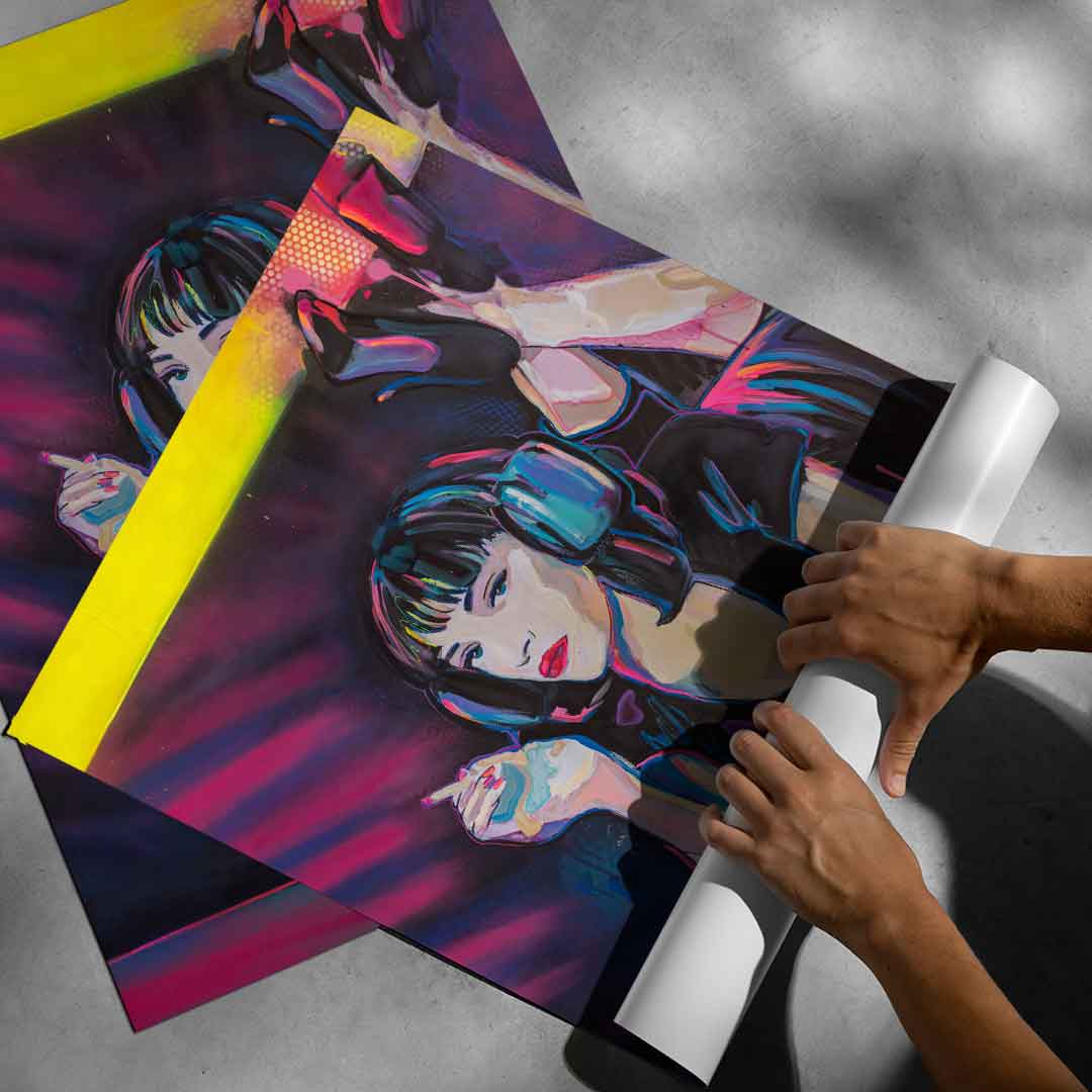 Statement wall art for entertainment-themed spaces with bold color contrasts.