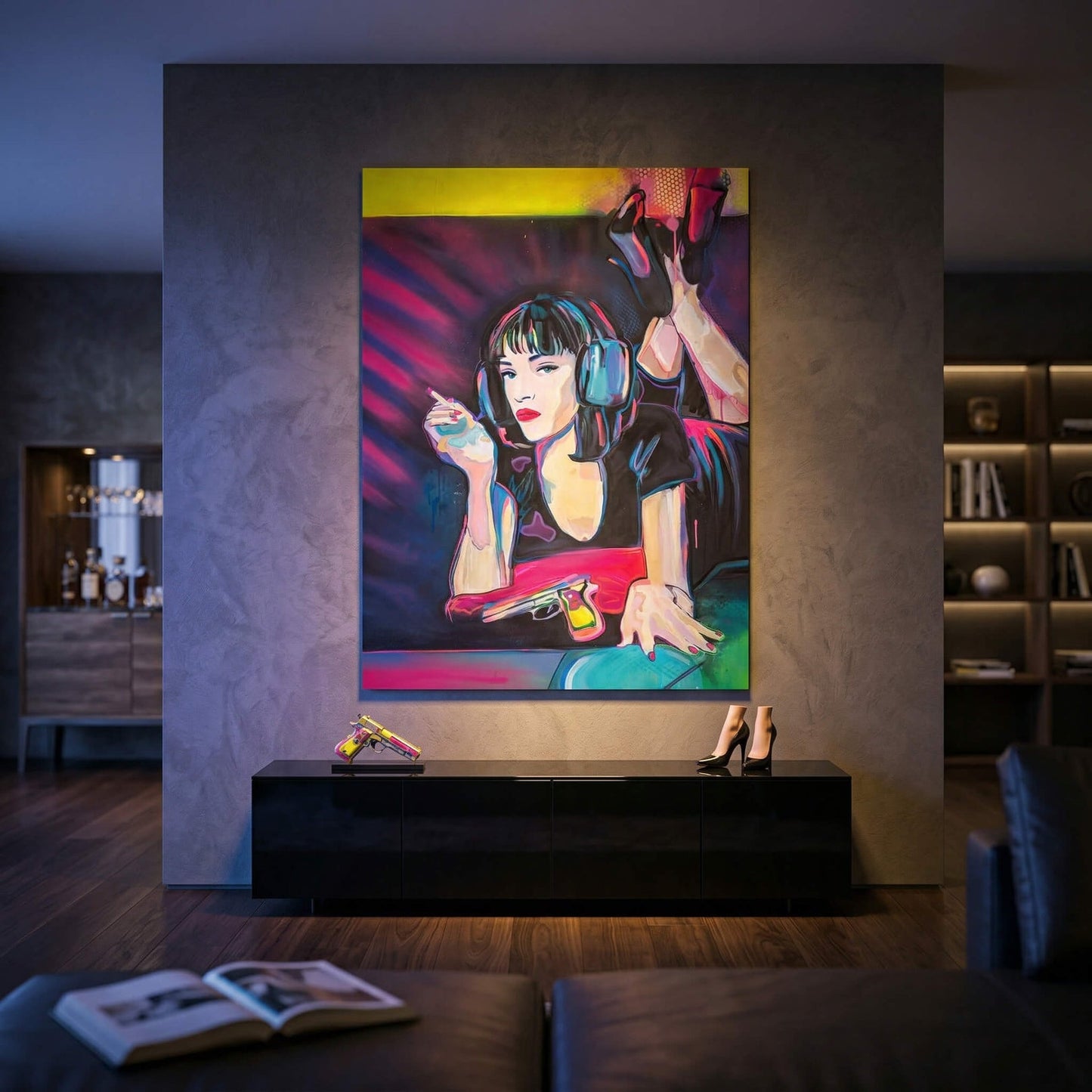 Vibrant neon-lit pop graffiti style print suitable for modern interiors.