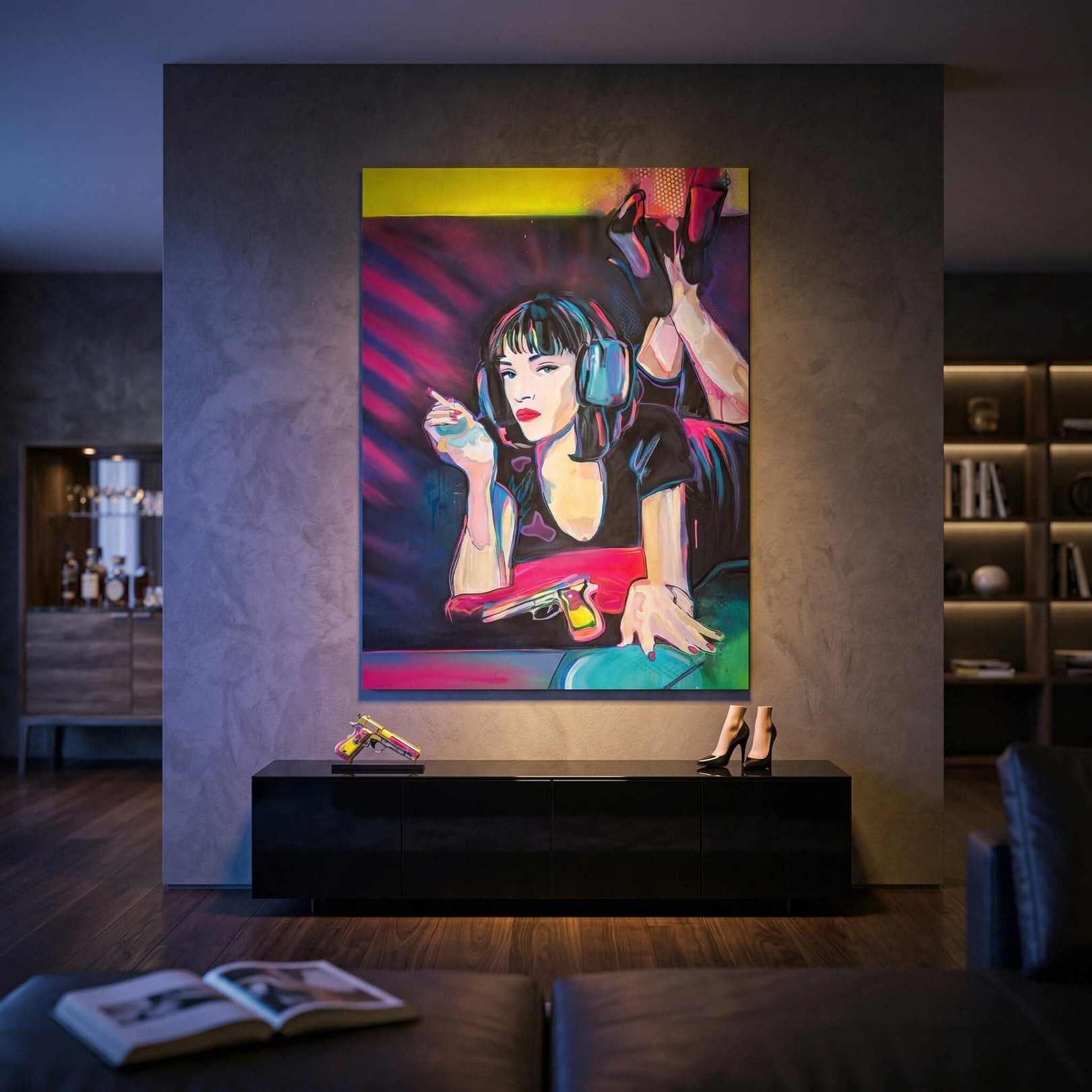 Vibrant neon-lit pop graffiti style print suitable for modern interiors.
