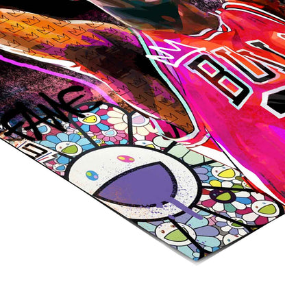 Vibrant color palette of purples, reds, yellows, and blacks in a high-contrast design.