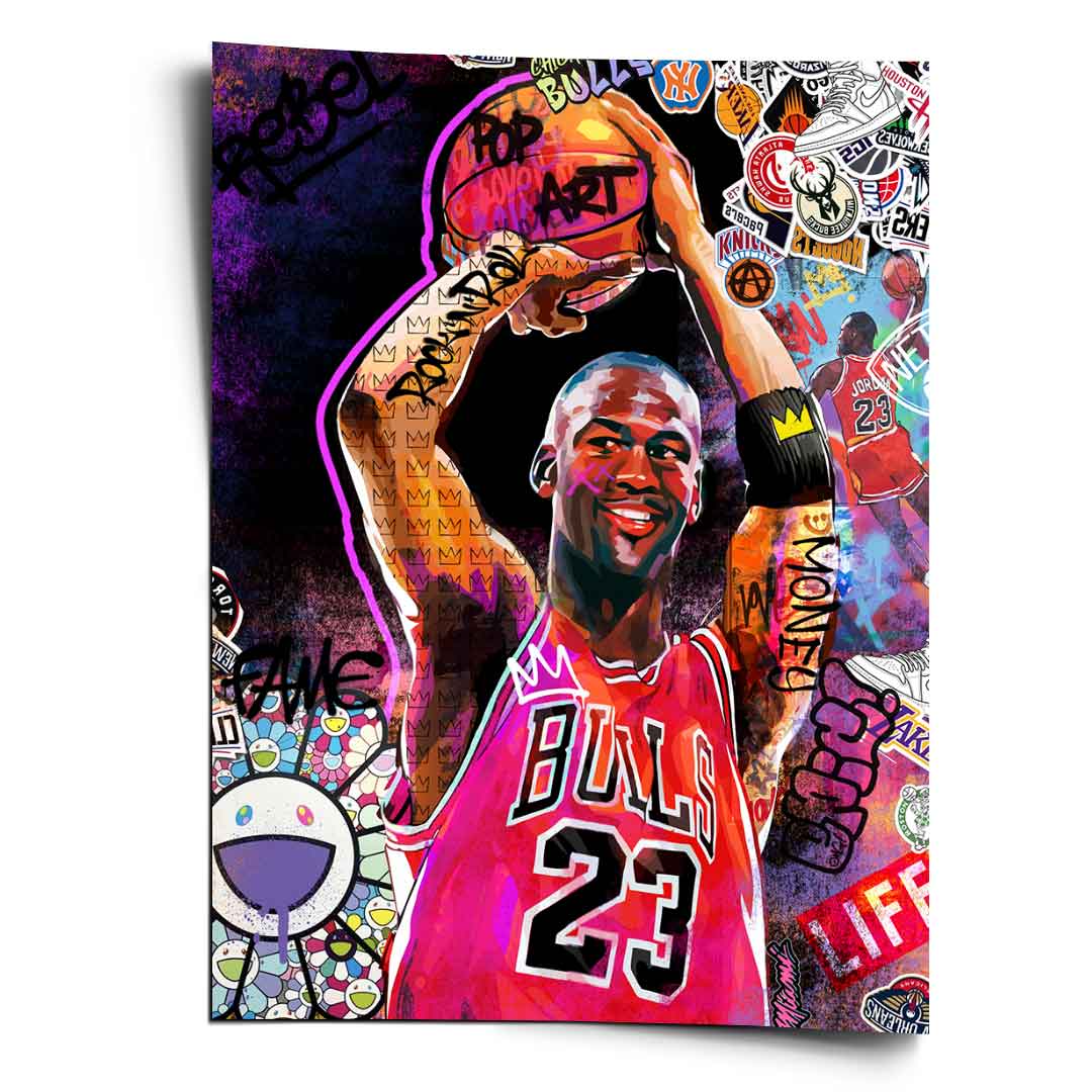 Michael Jordan Pop Art poster with neon pink outline and graffiti background.