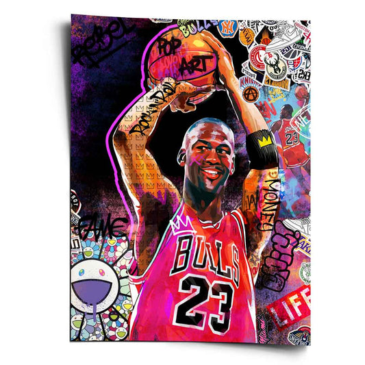 Michael Jordan Pop Art poster with neon pink outline and graffiti background.