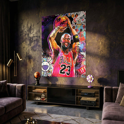 Close-up shows Jordan in a Bulls jersey with bold comic-style line work.