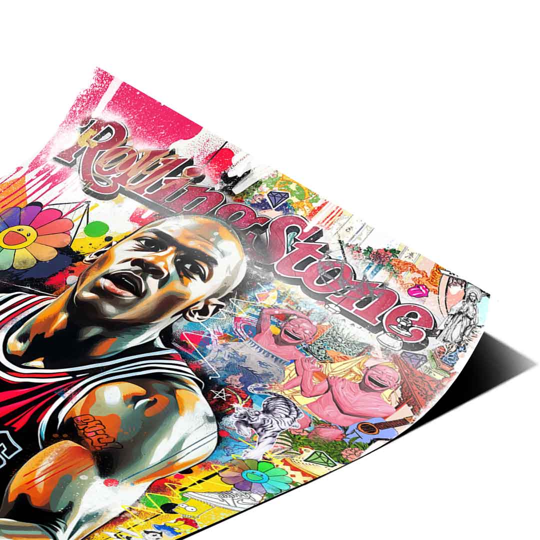 Energetic street art composition featuring diverse cultural motifs and cartoon figures.