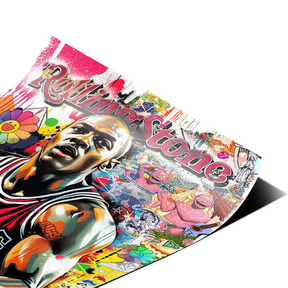 Energetic street art composition featuring diverse cultural motifs and cartoon figures.
