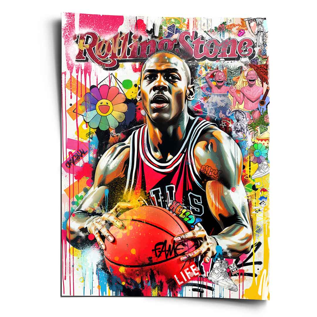 Michael Jordan portrait in a red Chicago Bulls jersey amid bold pop art and graffiti elements.