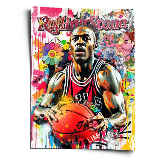 Michael Jordan portrait in a red Chicago Bulls jersey amid bold pop art and graffiti elements.