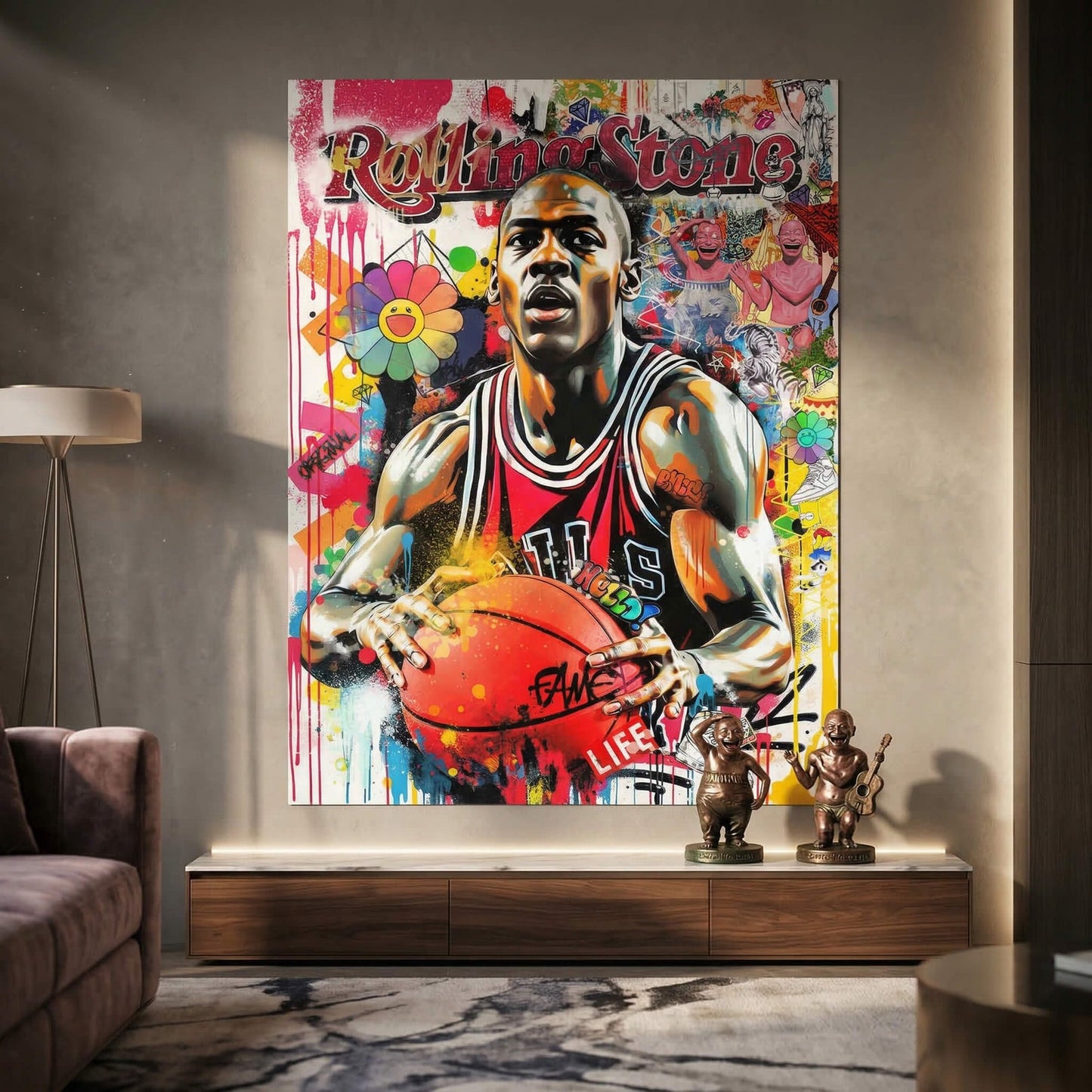 Vibrant, high-contrast colors creating a dynamic urban collage with comic-style outlines.