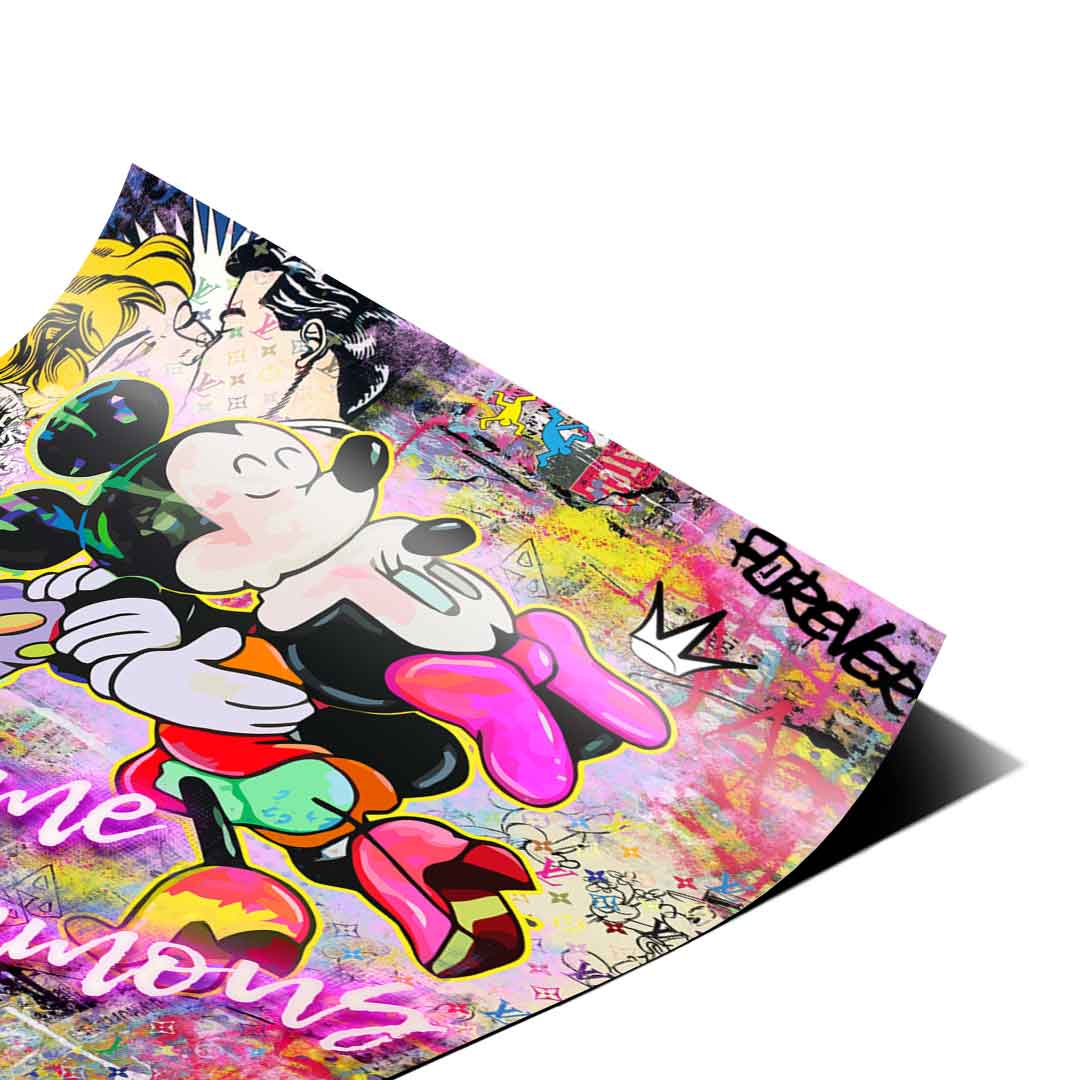 Roy Lichtenstein-inspired kissing couple within colorful urban artwork