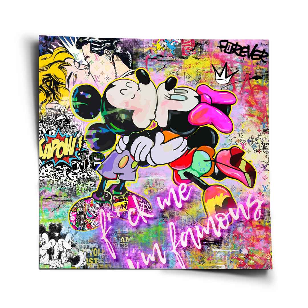 Vivid Pop Art wall poster showing Mickey and Minnie kissing amid neon graffiti and comic panels.