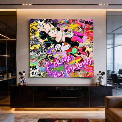 Lichtenstein-inspired kiss scene with bold pink, purple, and yellow tones against an urban backdrop.