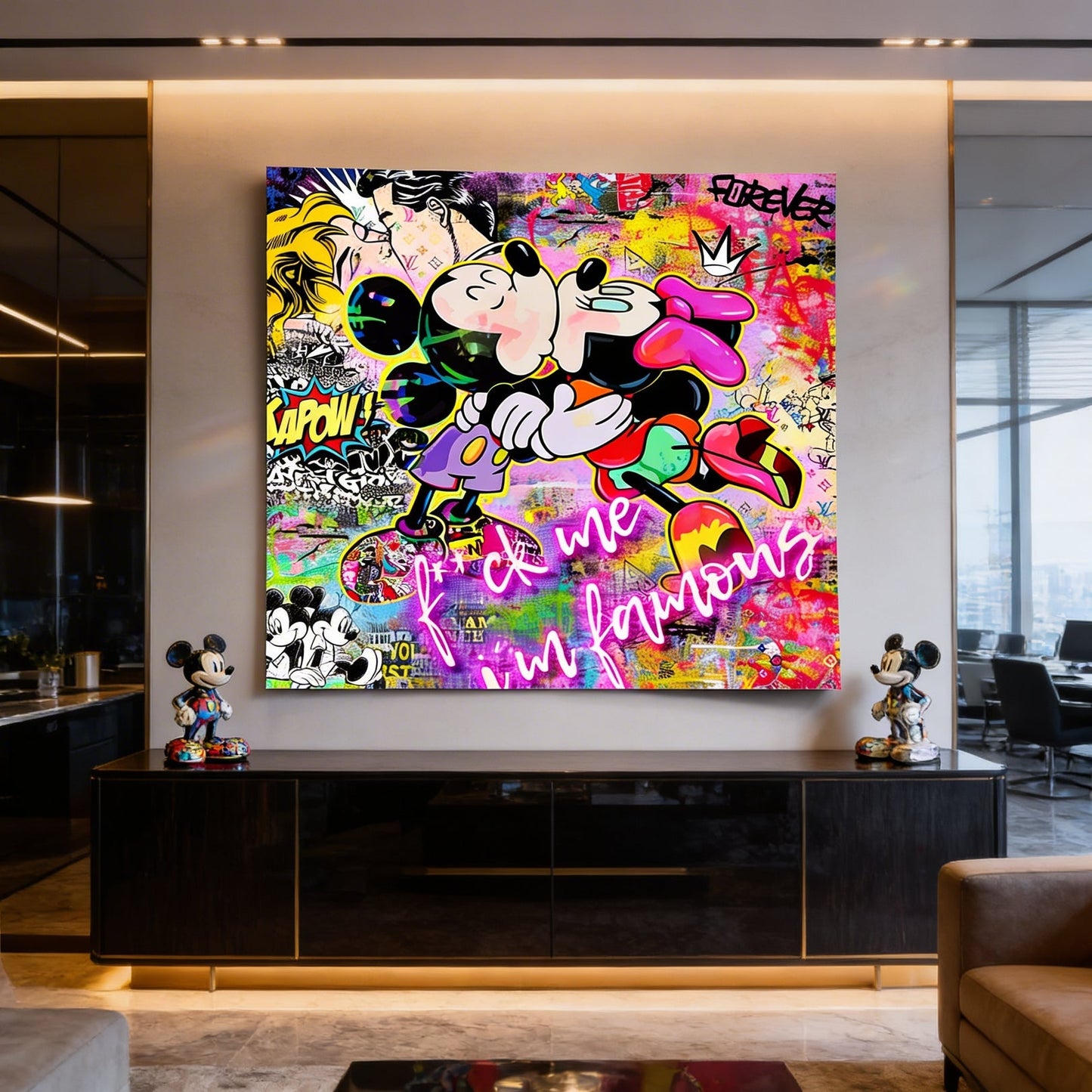 Pop art style with comic book elements and graffiti background
