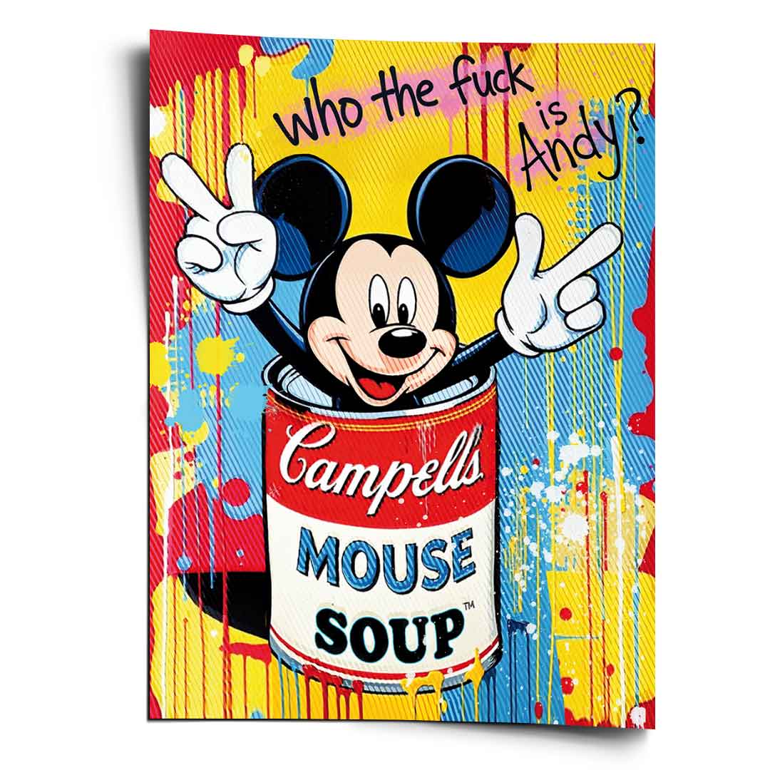 Mickey Mouse pops out of a Campbell's Soup can in bold Warhol-inspired pop art colors