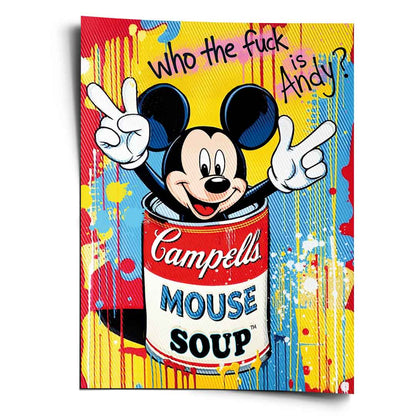 Mickey Mouse emerging from a Campbell's soup can in a Warhol-inspired pop art poster.