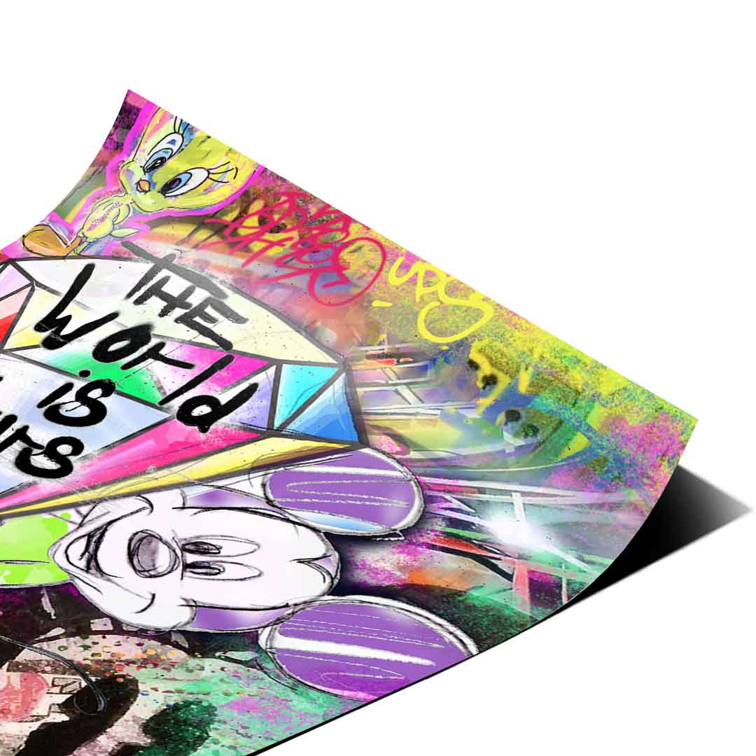 Dynamic pop art composition showing cartoon characters with vibrant colors and graffiti textures.
