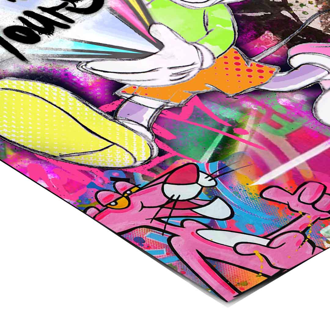 Mickey, Tweety Bird, and Pink Panther portrayed in a playful, modern collage.