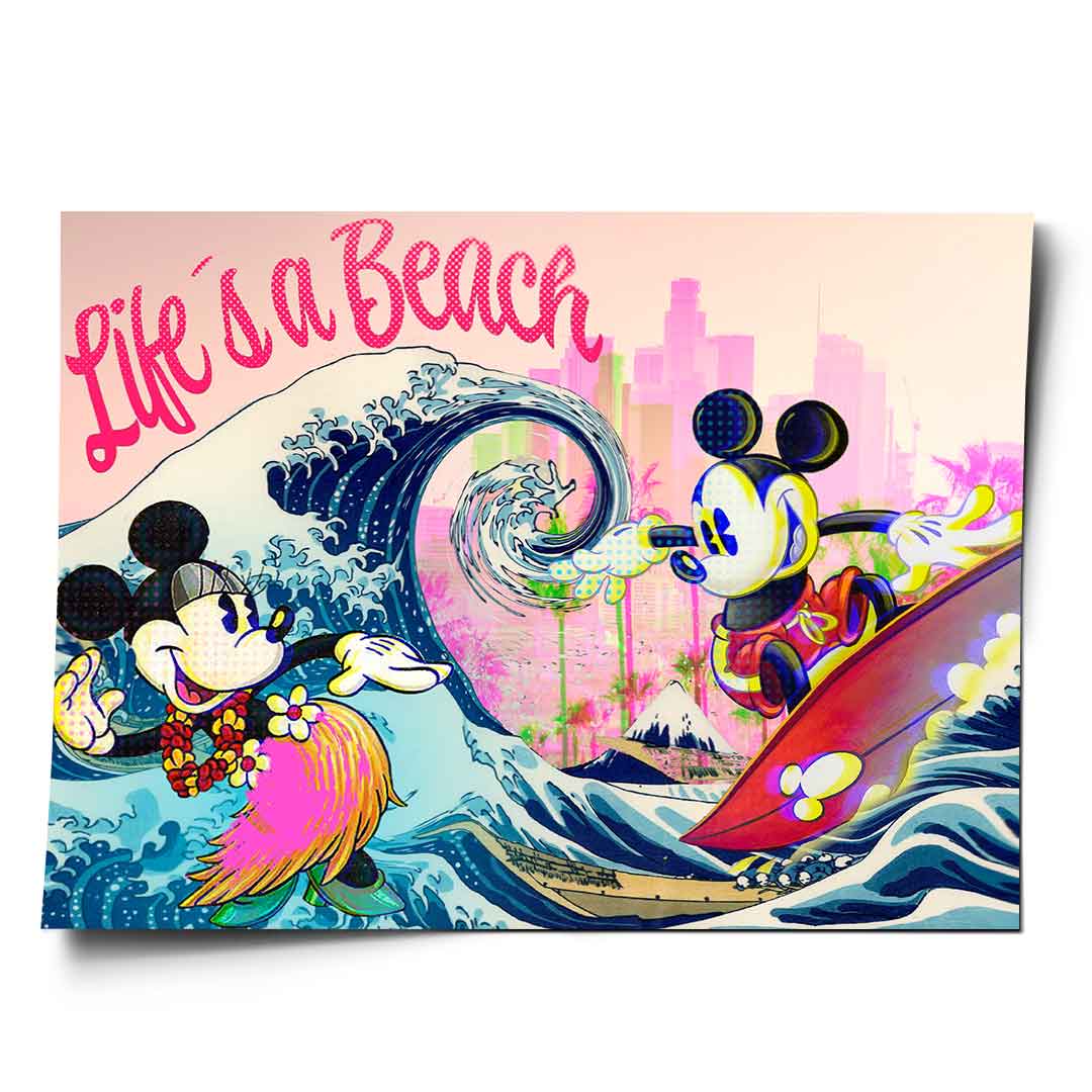 Mickey Mouse wearing a hula skirt and lei dances beside a giant wave in bold Pop Art colors.