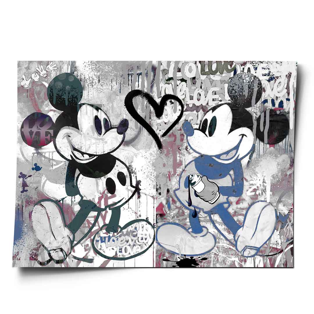 Mickey Mouse Pop Art wall art: black-and-white left figure against graffiti backdrop
