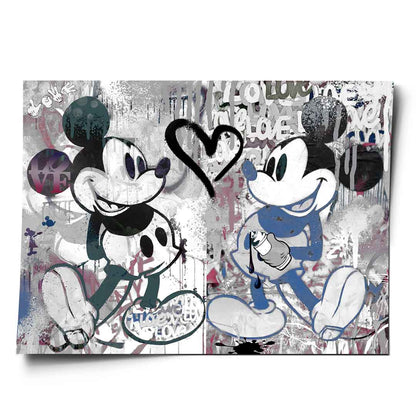 Mickey Mouse Pop Art wall art: black-and-white left figure against graffiti backdrop