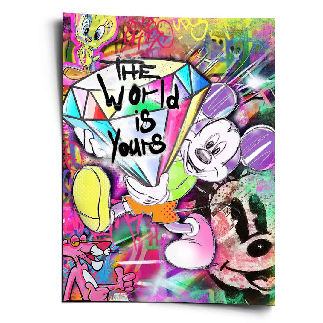 Mickey Mouse Pop Art wall art poster featuring Mickey holding a colorful diamond and a world is yours inscription, with Tweety Bird and the Pink Panther in a neon graffiti setting.