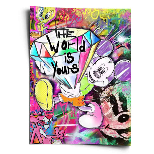 Mickey Mouse Pop Art wall art poster featuring Mickey holding a colorful diamond and a world is yours inscription, with Tweety Bird and the Pink Panther in a neon graffiti setting.