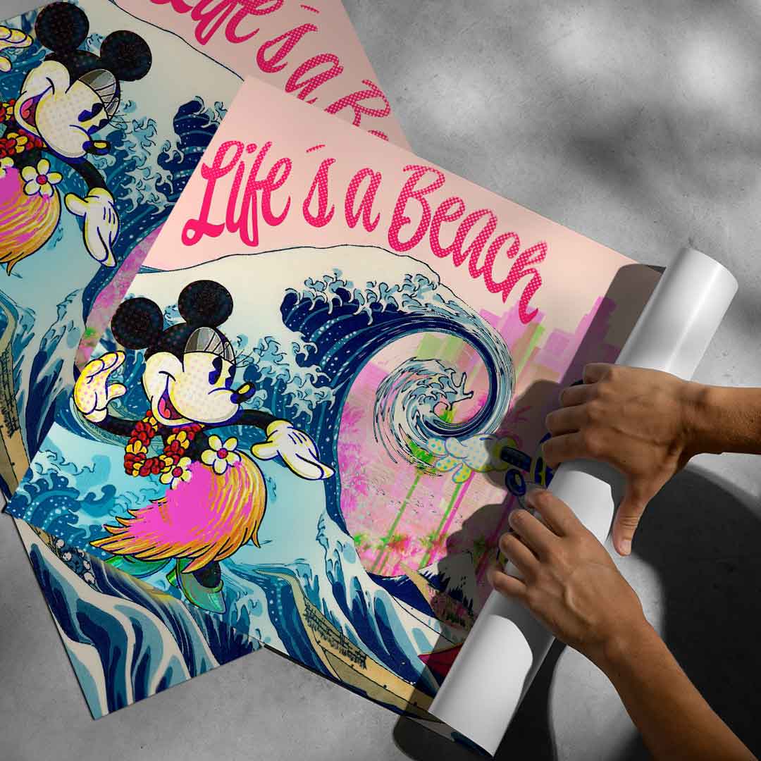 Overall poster blending Disney, Ukiyo-e-inspired wave imagery, and modern graffiti style.
