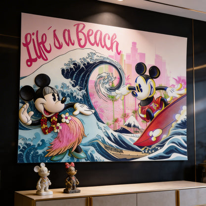 Mickey Mouse surfing a parallel wave with a pink city skyline, palm trees, and a distant snow-capped mountain.