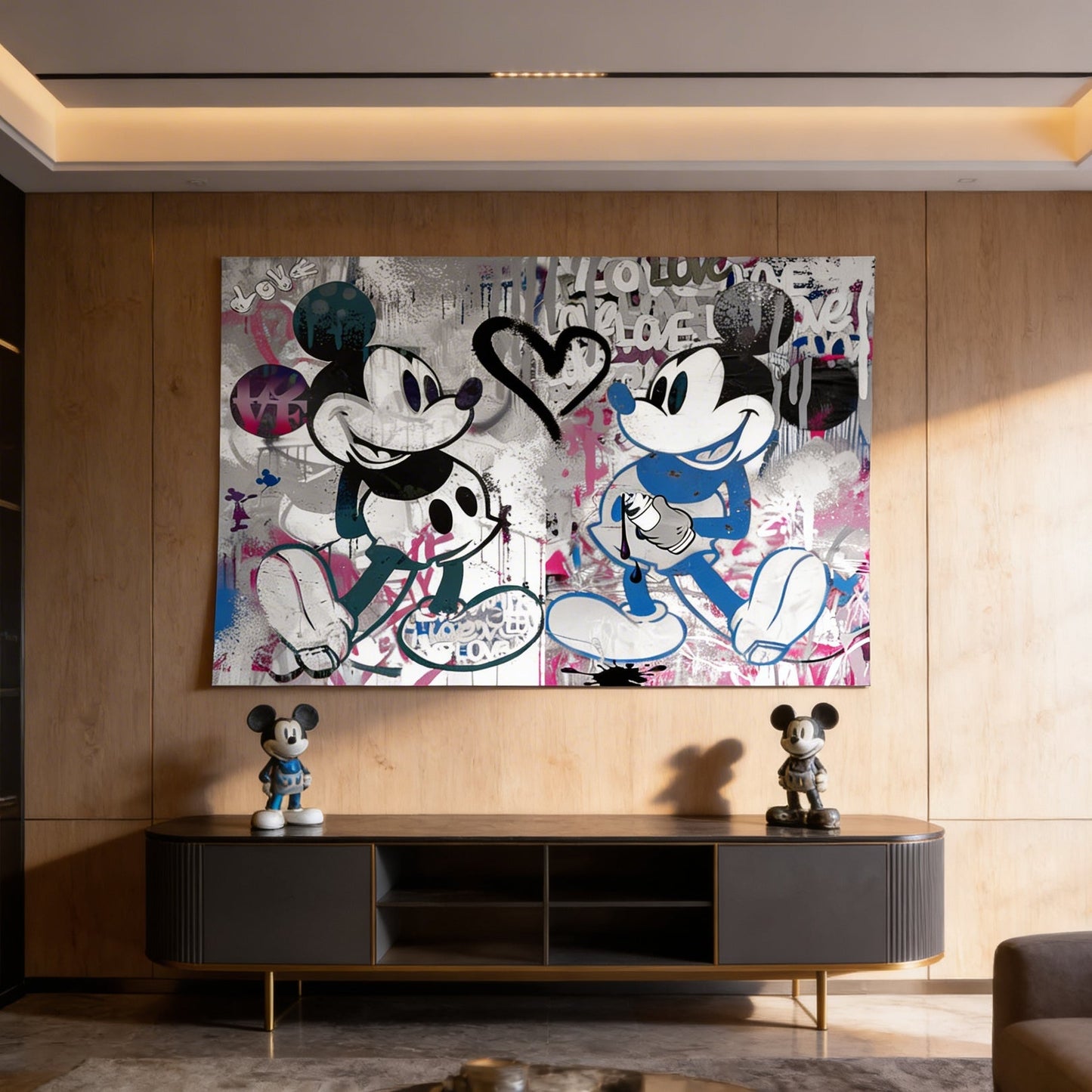 Blue-and-white Mickey Mouse holding spray can in street art style