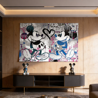 Blue-and-white Mickey Mouse holding spray can in street art style