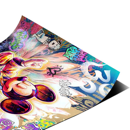 Pop art and street art fusion with Om and Ganesha symbols surrounding a peaceful Mickey pose.