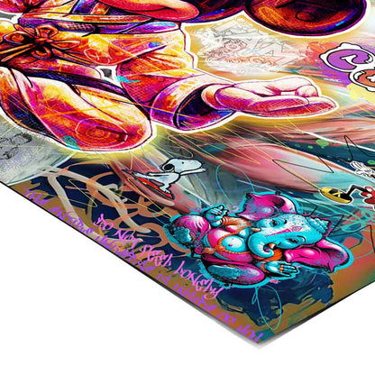 Close-up of bright purples, pinks, yellows, and blues in a dynamic graffiti style.