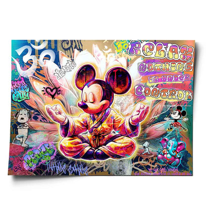 Mickey Mouse in a meditative pose wearing a monk robe atop a glowing lotus.