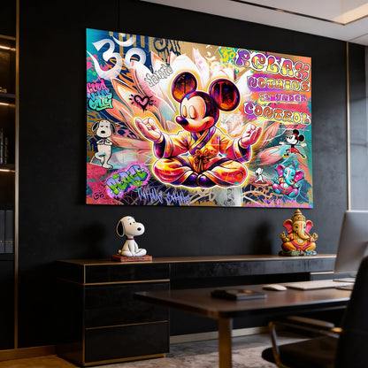 Vivid neon palette wall art featuring Mickey Yoga with Snoopy and Minnie against a graffiti backdrop.