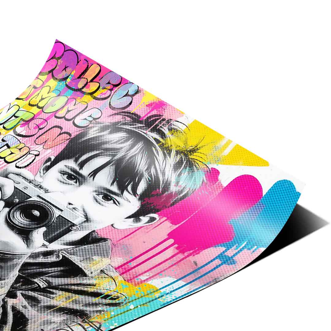 Left-side graffiti text Collect Moments Not Things on a colorful pop art poster