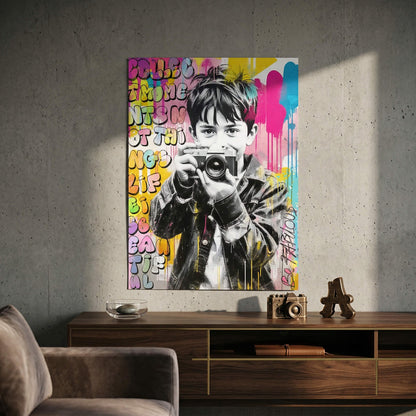 Neon pink, yellow, and blue paint drips behind a pop art character in graffiti-style wall art