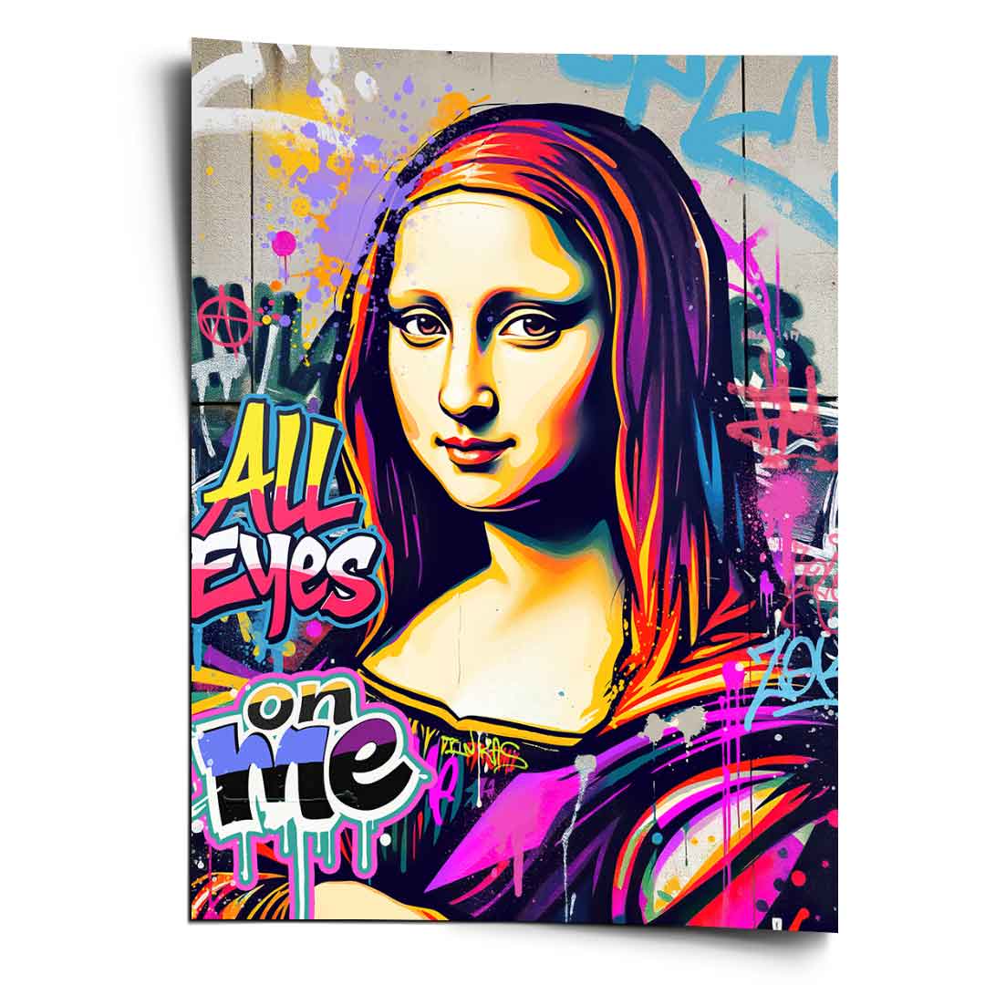 Mona Lisa-inspired pop art portrait on a graffiti-covered wall