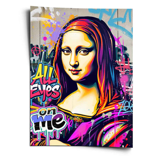 Mona Lisa-inspired pop art portrait on a graffiti-covered wall