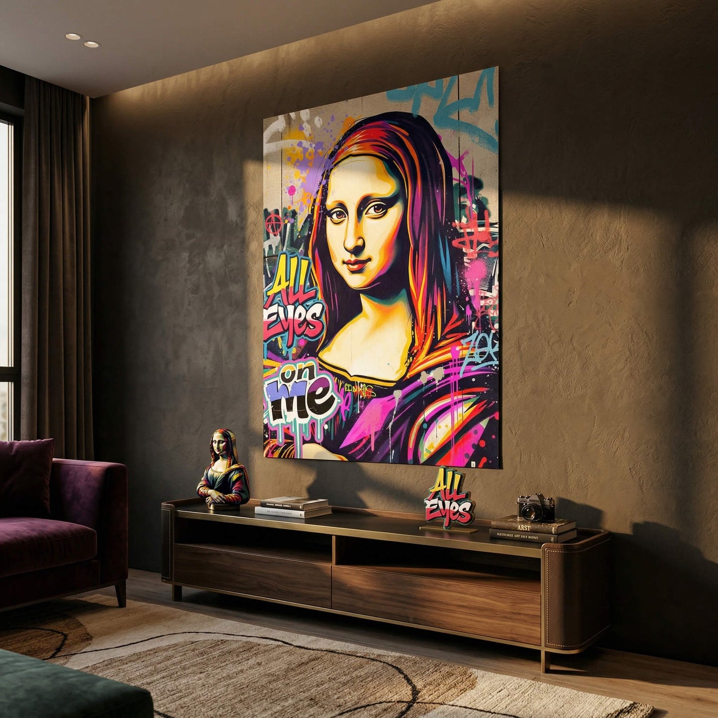 Vibrant street art style Mona Lisa with neon pink, blue, and purple hues