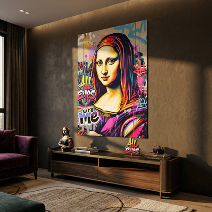 Vibrant street art style Mona Lisa with neon pink, blue, and purple hues