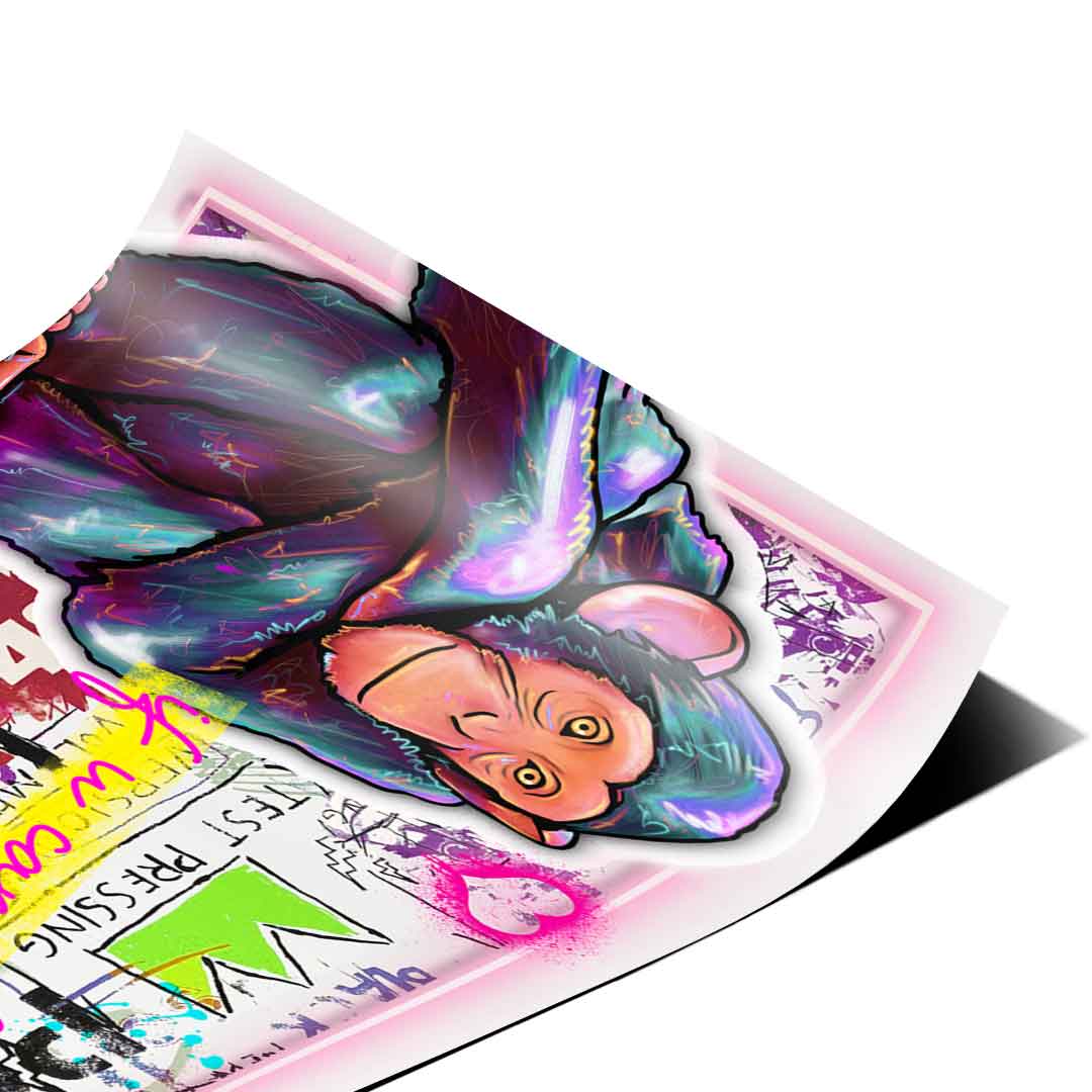 Vibrant neon colors—pink, yellow, green and purple—in a pop art street art blend