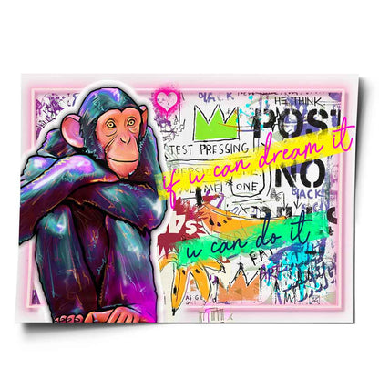 Contemplative chimpanzee portrait in purple and blue against graffiti backdrop